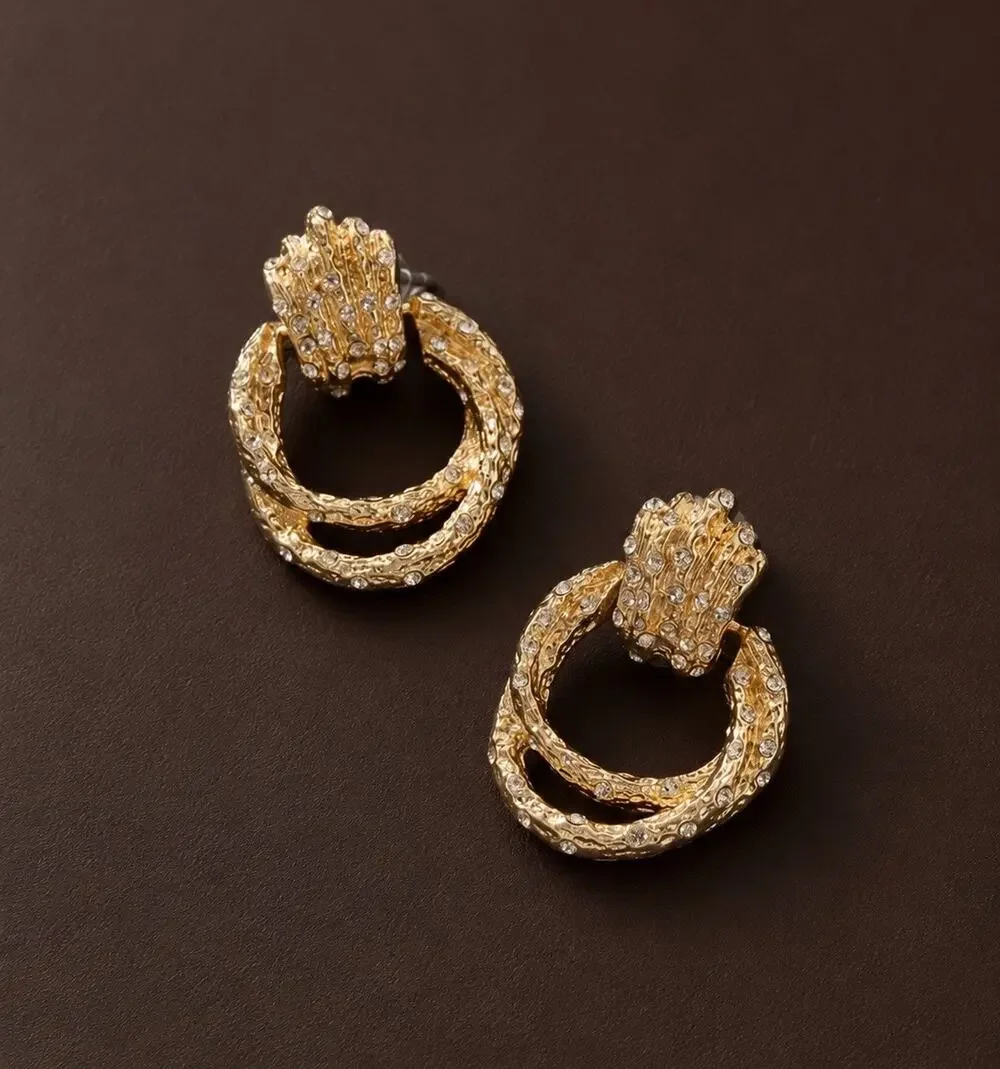 Ettika Hoop Crystal Buckle Pave Link Molten Earrings Boho Hammered CZ VTG - Picture 1 of 8